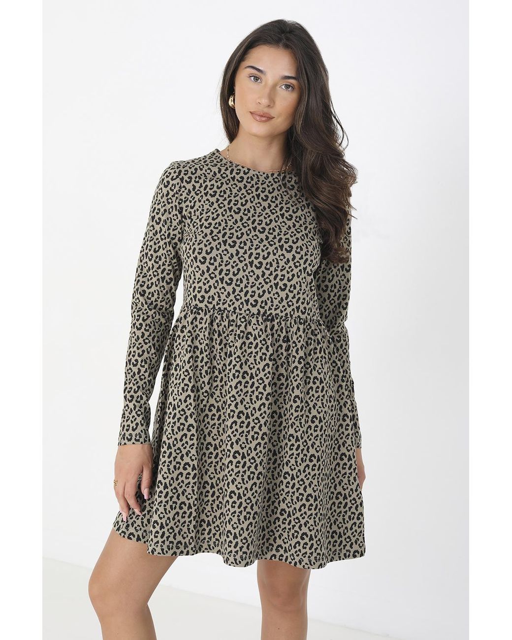 Brave Soul Gray Cotton 'Sadie' Animal Print Long Sleeve Mini Smock Dress