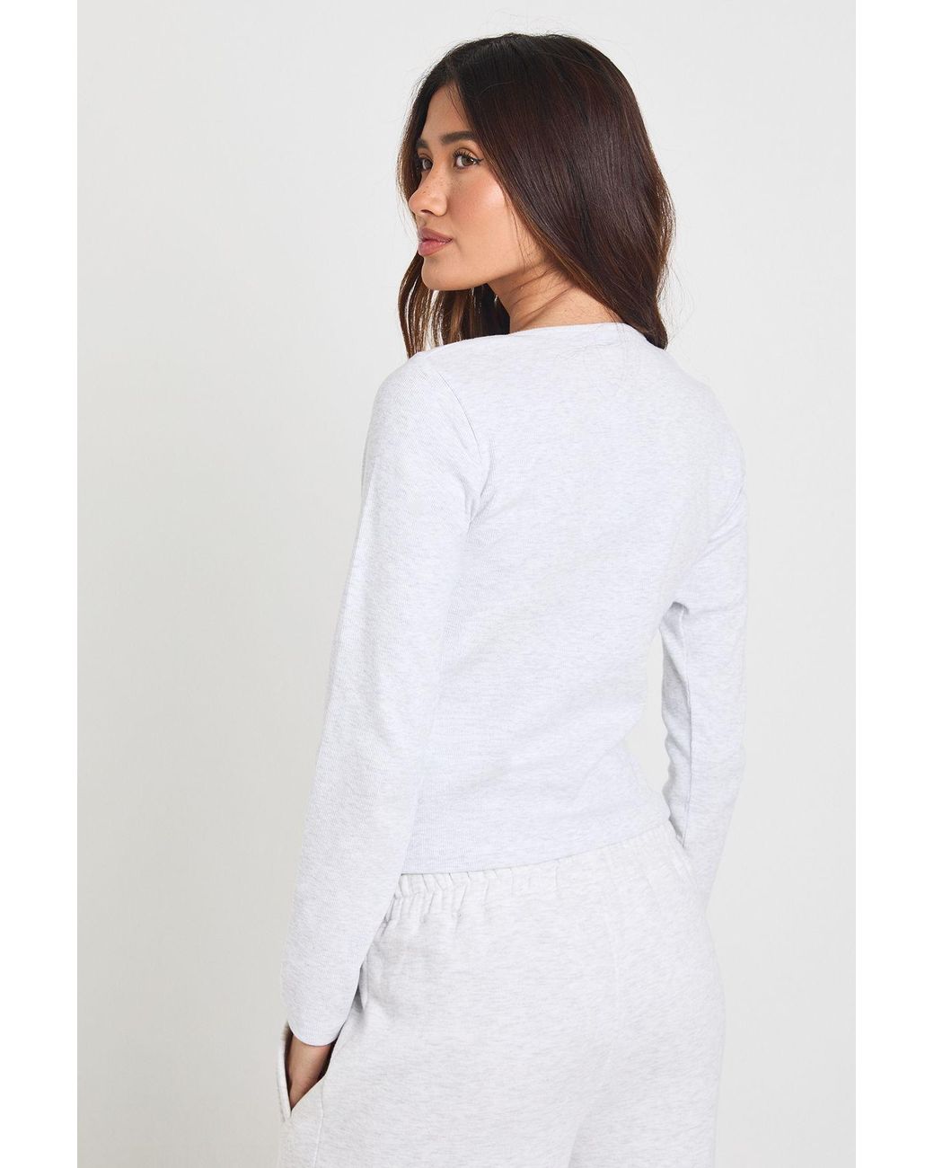 Boohoo White Ribbed Contrast Henley Button Long Sleeve Top