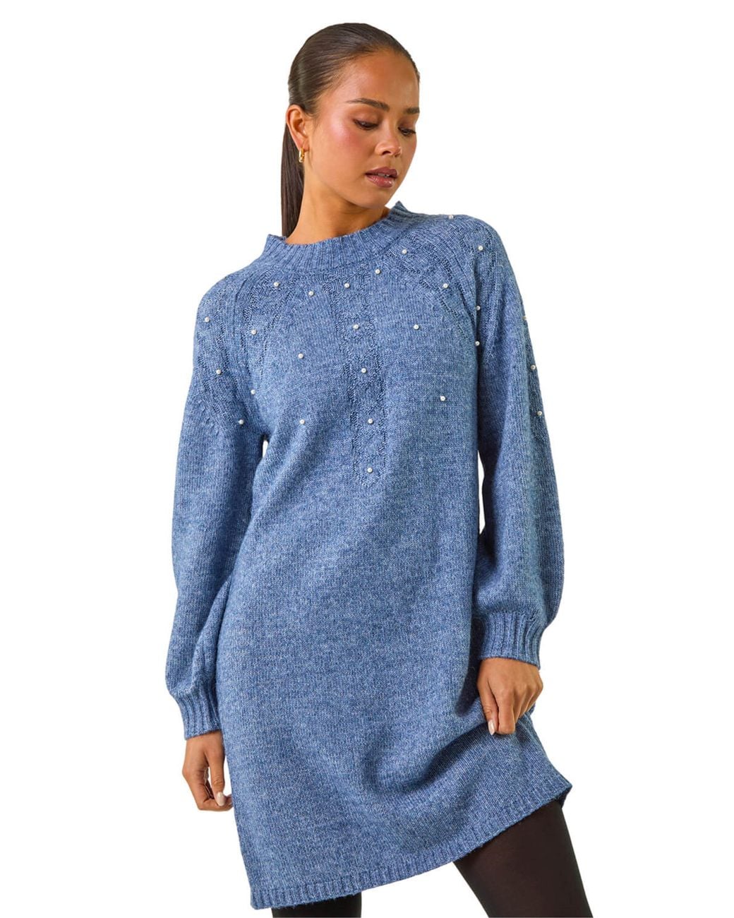 Roman Blue Petite Embellished Faux Pearl Knit Dress