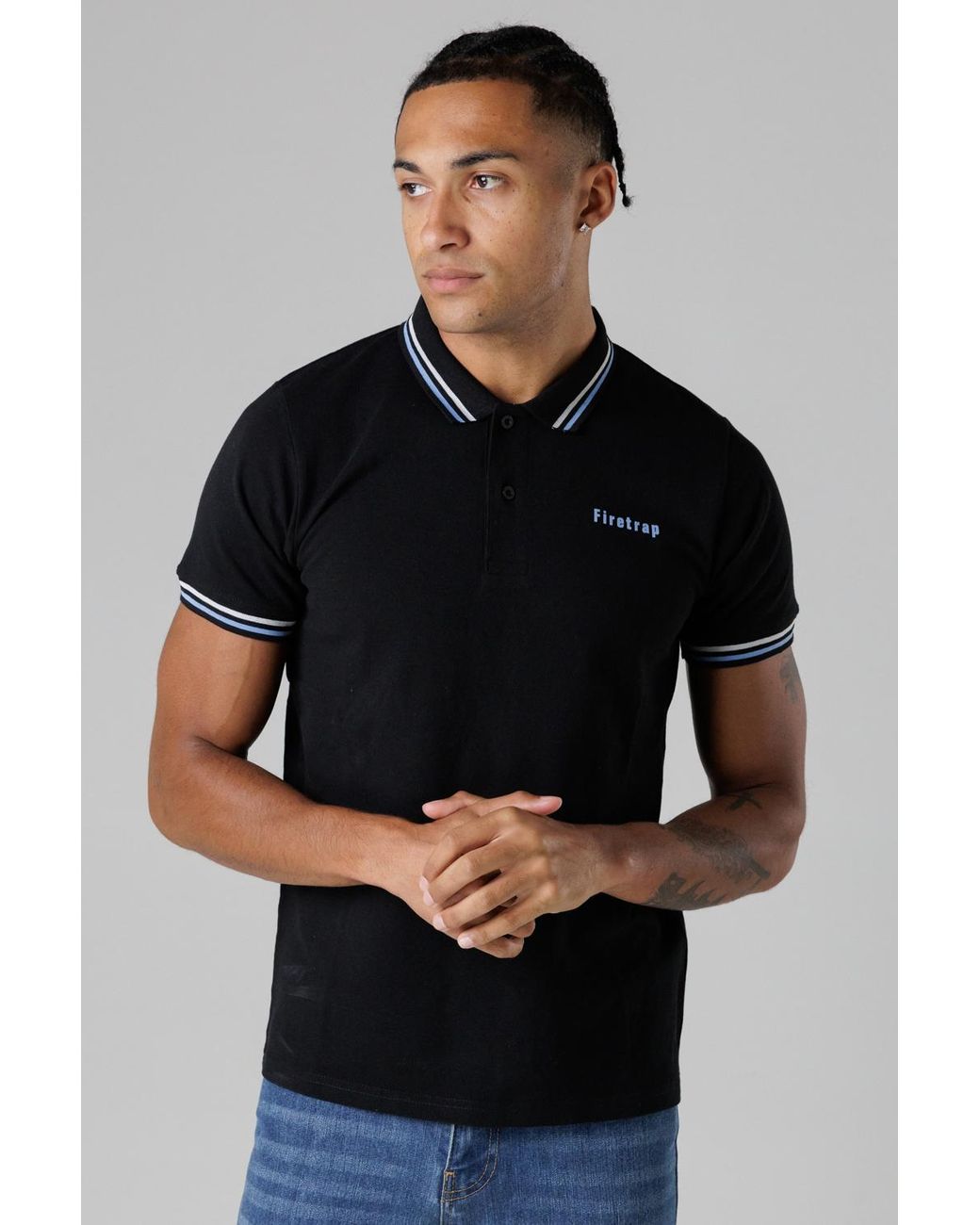Firetrap Black Regular Fit Cotton Button Polo Shirt With Stripe Detail for men