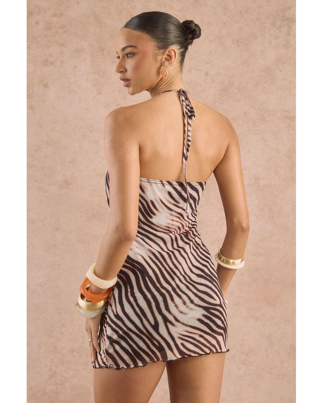 Boohoo Natural Halterneck Mesh Mini Dress