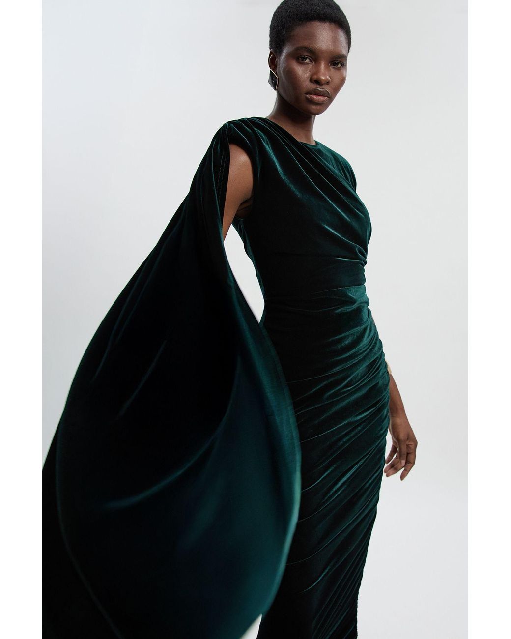 Karen Millen Blue Stretch Velvet Crew Neck Cape Shoulder Maxi Dress
