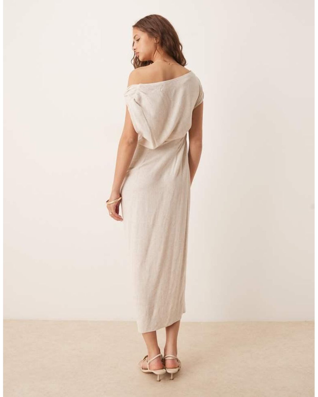 ASOS Natural Linen Fallen Twist Shoulder Wrap Skirt Detail Midi Dress