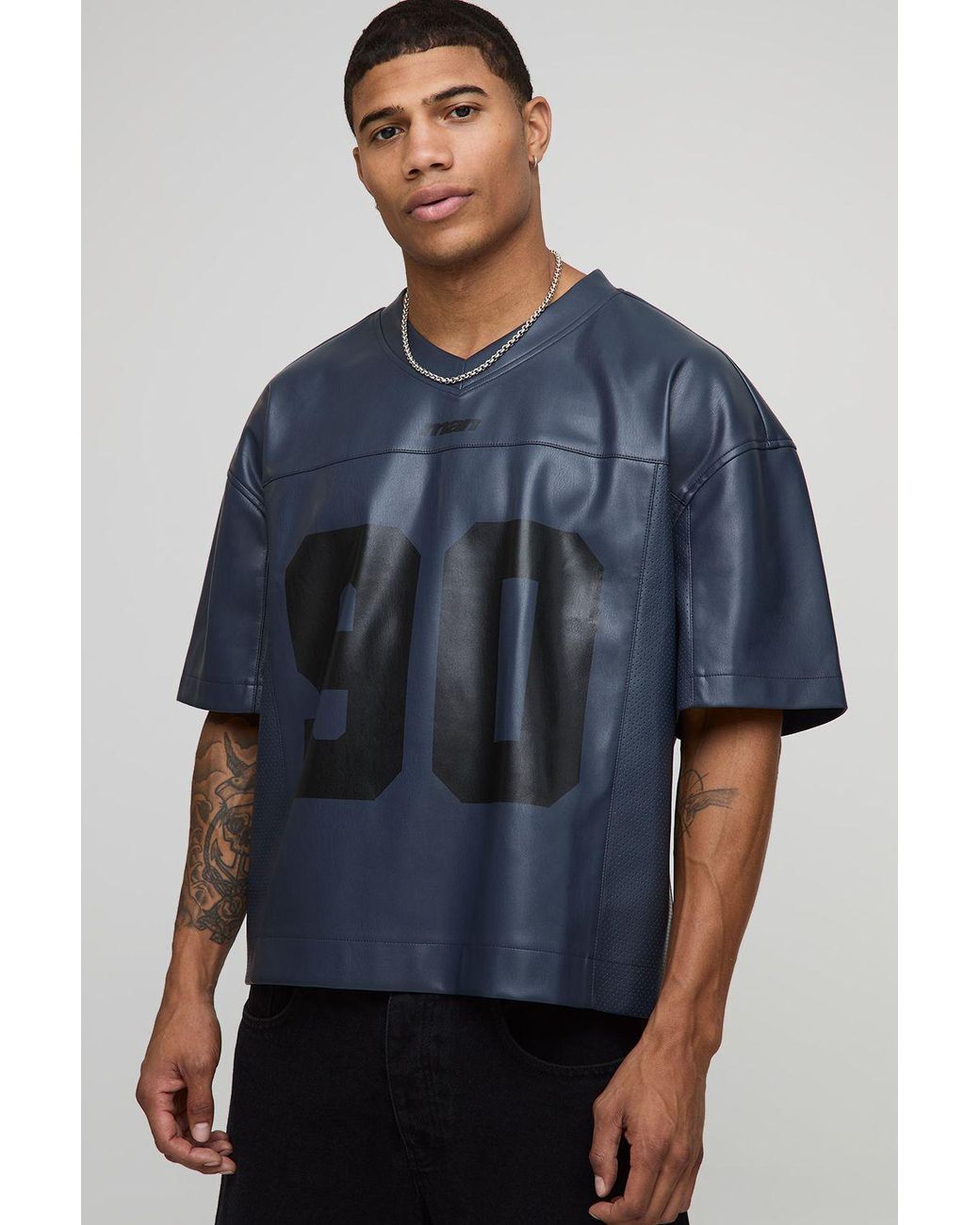 BoohooMAN Blue Oversized Boxy Faux Leather Varsity Hockey Top for men