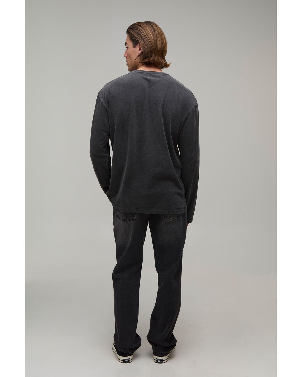 BoohooMAN Gray Oversized Dragon Print Washed Long Sleeve T-Shirt for men