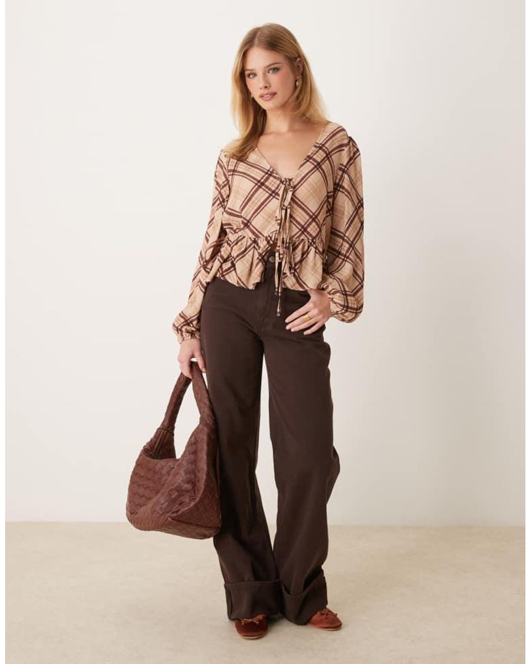Miss Selfridge Natural Check Tie Front Long Sleeve Top