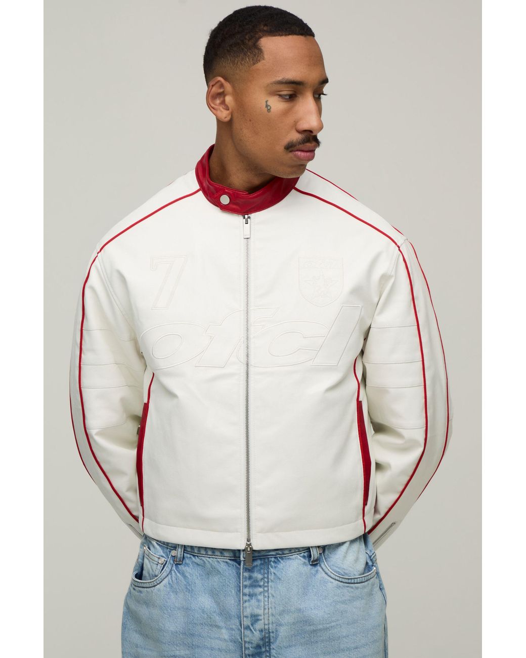 BoohooMAN White Boxy Fit Embossed Ofcl Moto Jacket for men