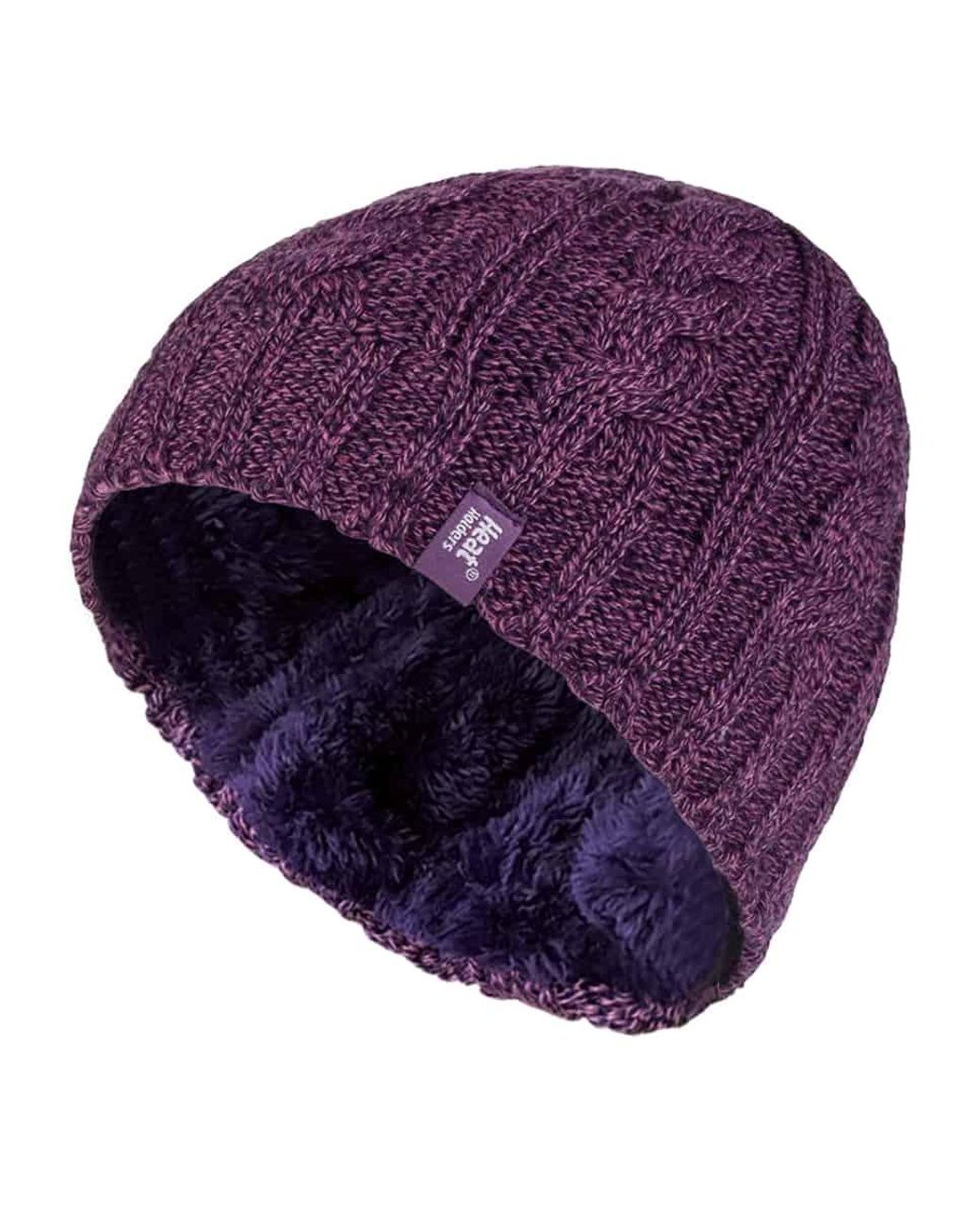 Heat Holders Purple Thermal Fleece Lined Cable Knit Winter Hat