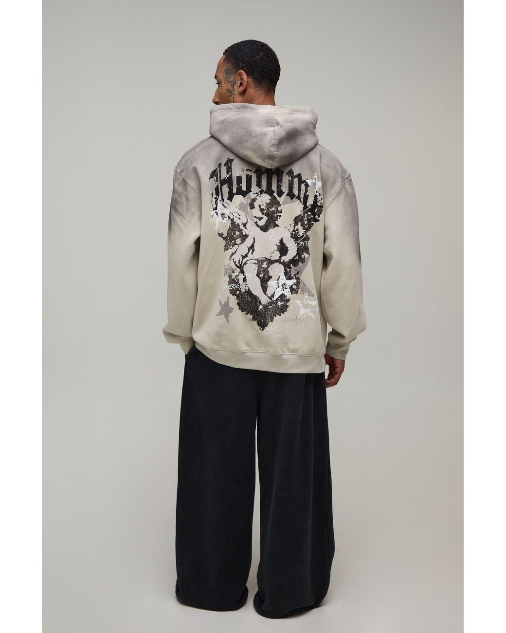 BoohooMAN Gray Stone Oversized Renaissance Print Spray Wash Hoodie for men