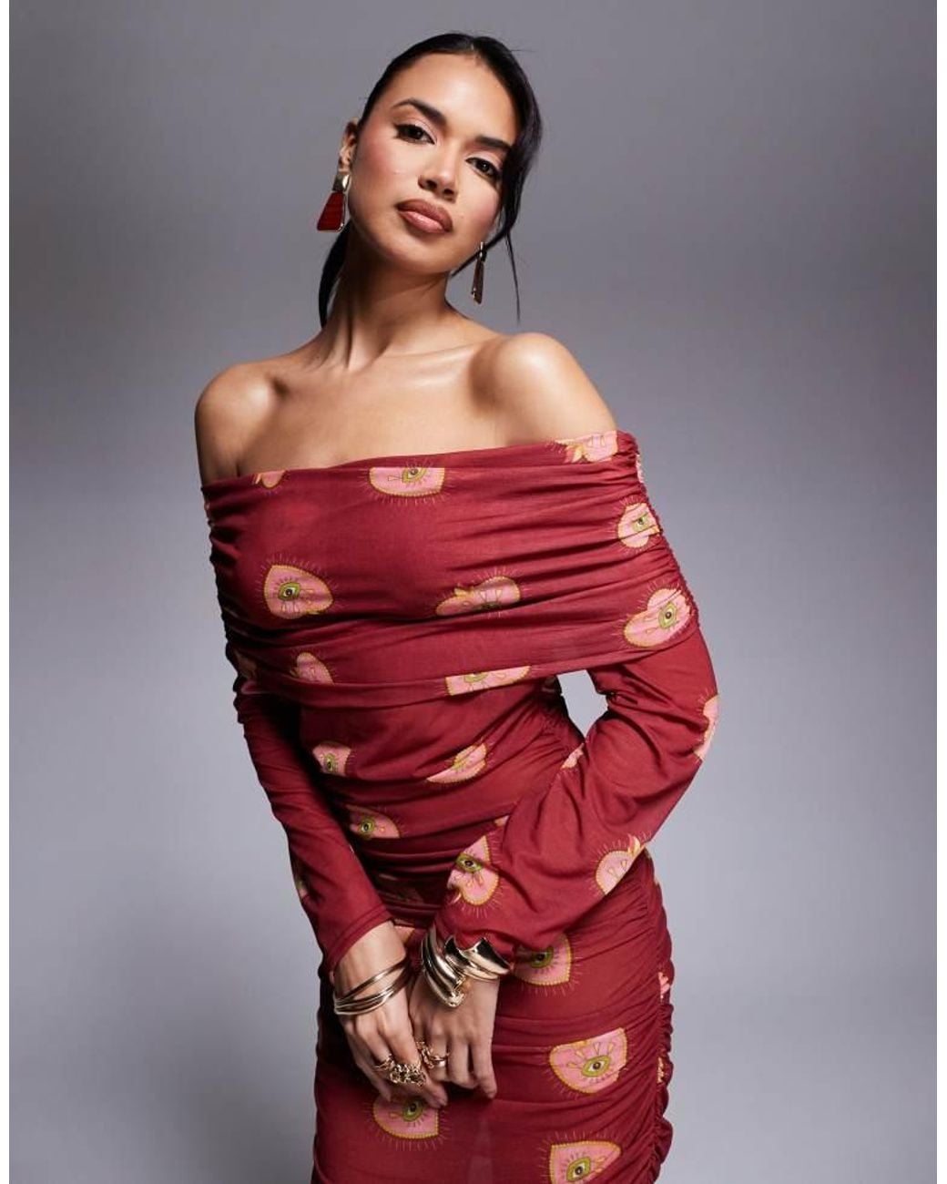 Never Fully Dressed Red Bardot Ruched Heart Print Mesh Mini Dress
