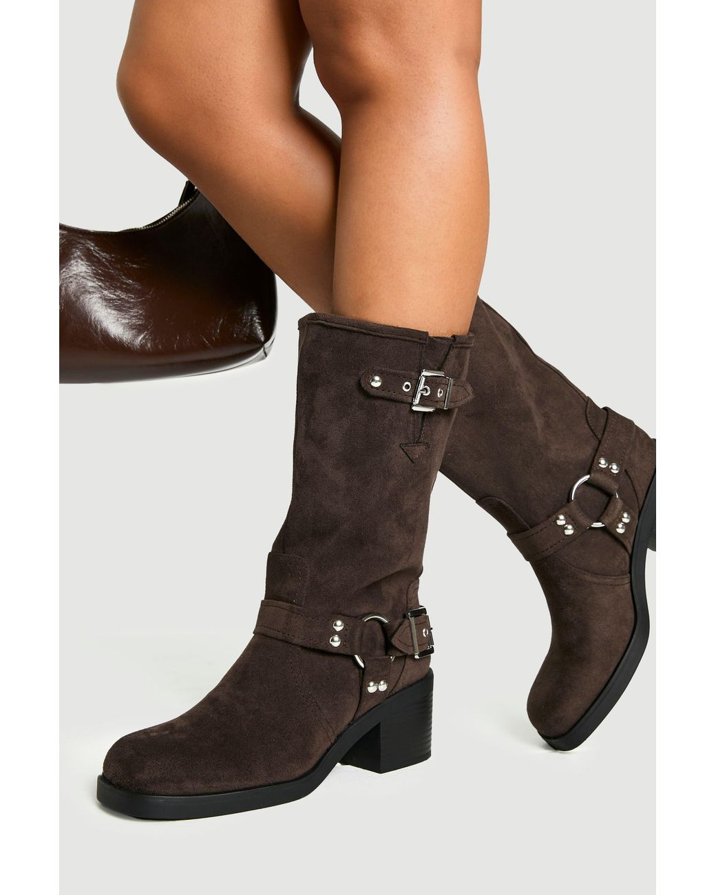 Boohoo Black Faux Suede D Ring Heeled Biker Boots