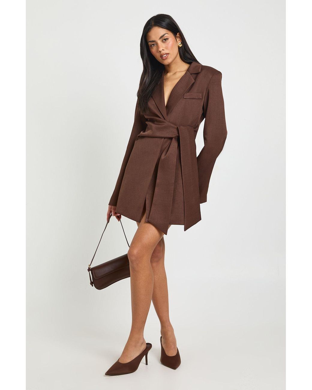 Boohoo Brown Wrap Tie Belt Detail Blazer Dress