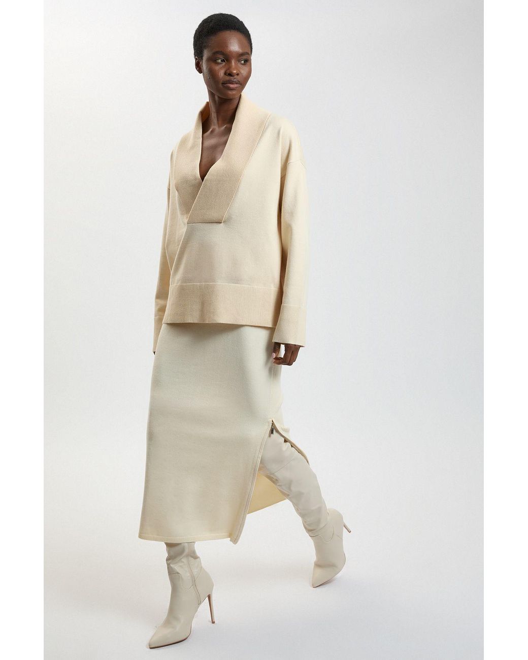 Karen Millen Natural Wool Look Side Split Detail Knit Midi Skirt