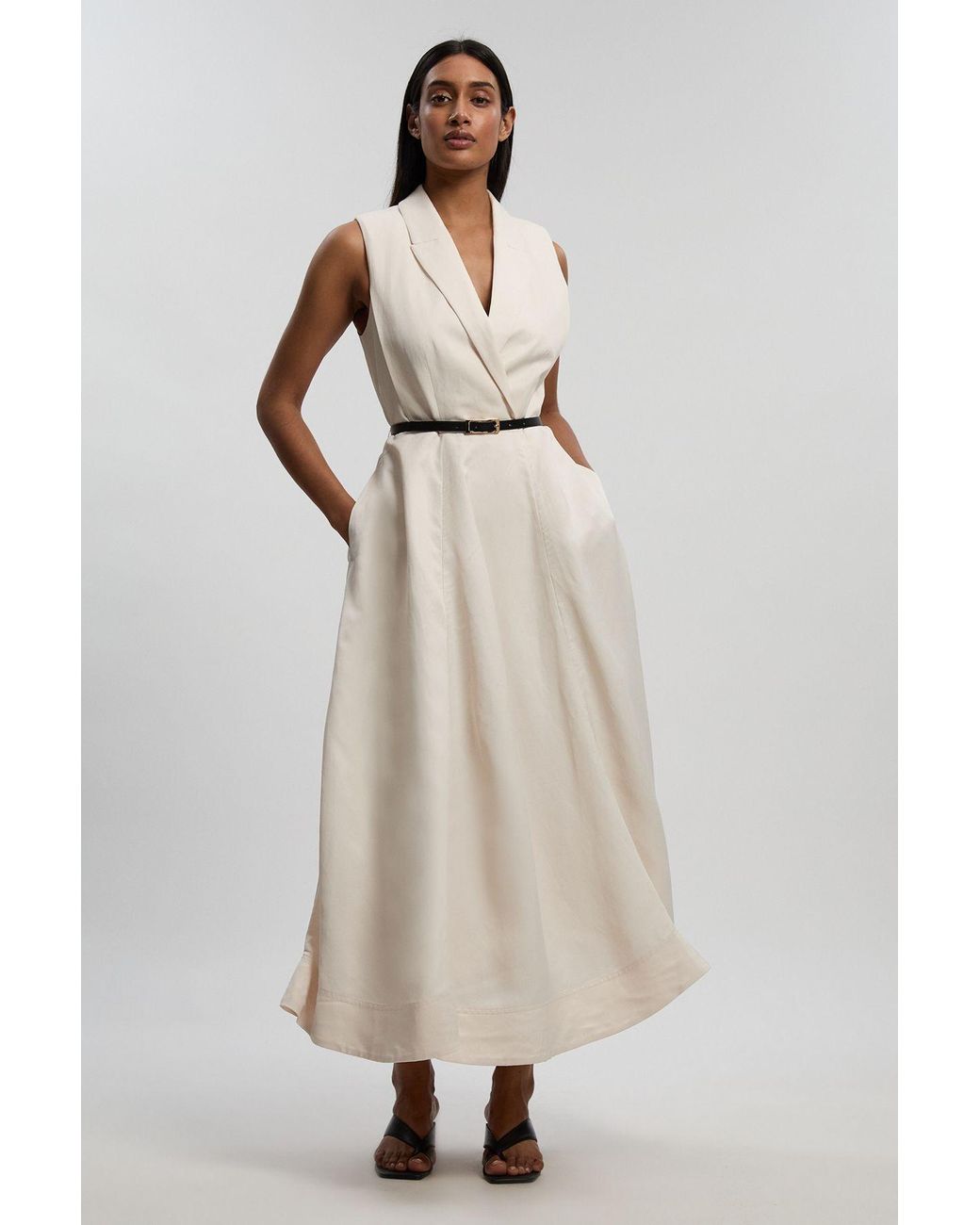Karen Millen Natural Premium Viscose Linen Tailored Belted Full Skirted Midi Dress