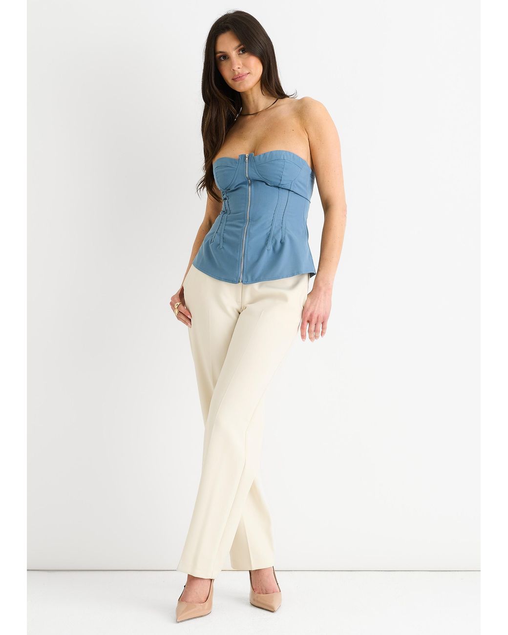 Gini London Blue Seam Detail Bandeau Zip Front Top