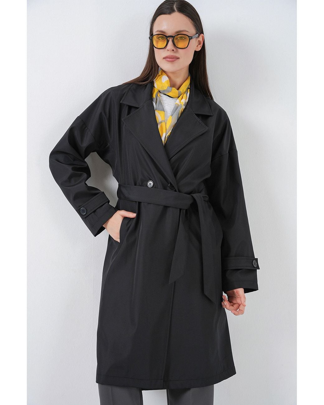 Bigdart Black Belted Long Trench Coat With Jacket Collar