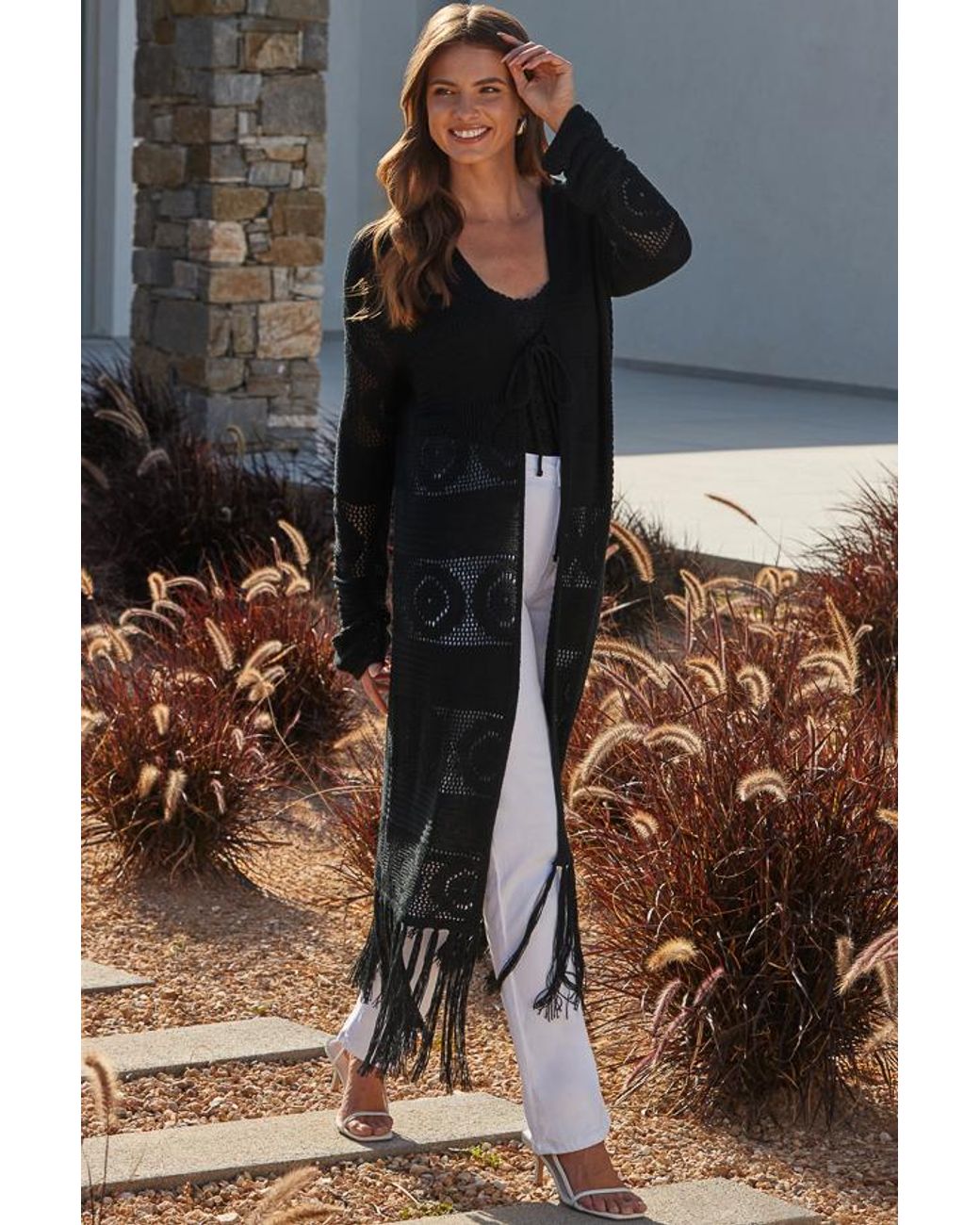 Sosandar Black Crochet Tassel Detail Maxi Cardigan