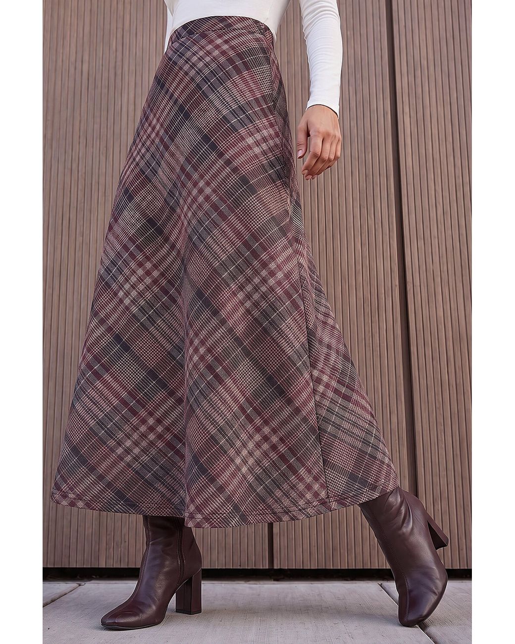 Roman Brown Check Print Midi Skirt