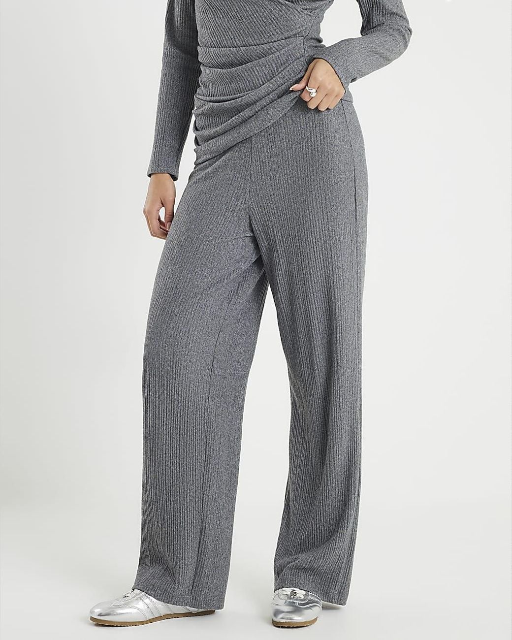 River Island Gray Wide Leg Trousers Cosy Ribbed