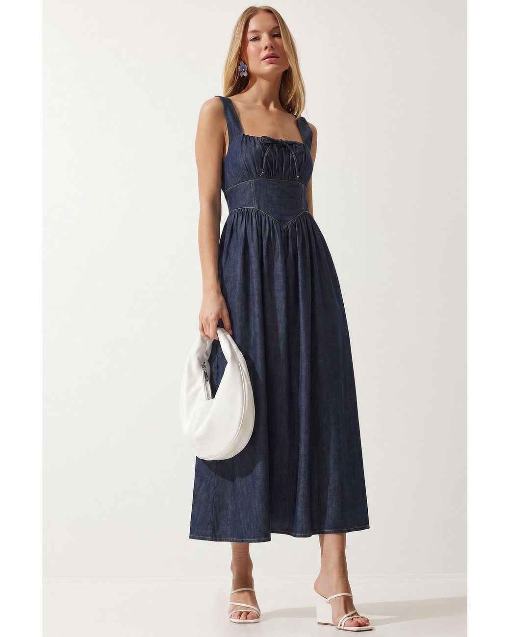 Happiness İstanbul Blue Sleeveless Cotton Denim Midi Dress