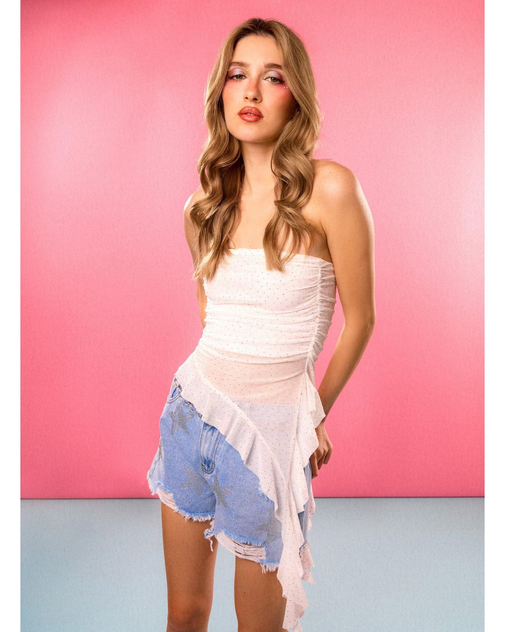 Pink Vanilla Pink Star Embellished Denim Shorts