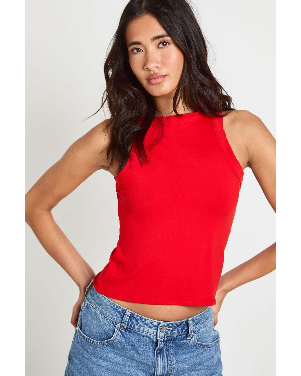 Boohoo Red Matte Slinky Super Soft High Racer Neck Vest