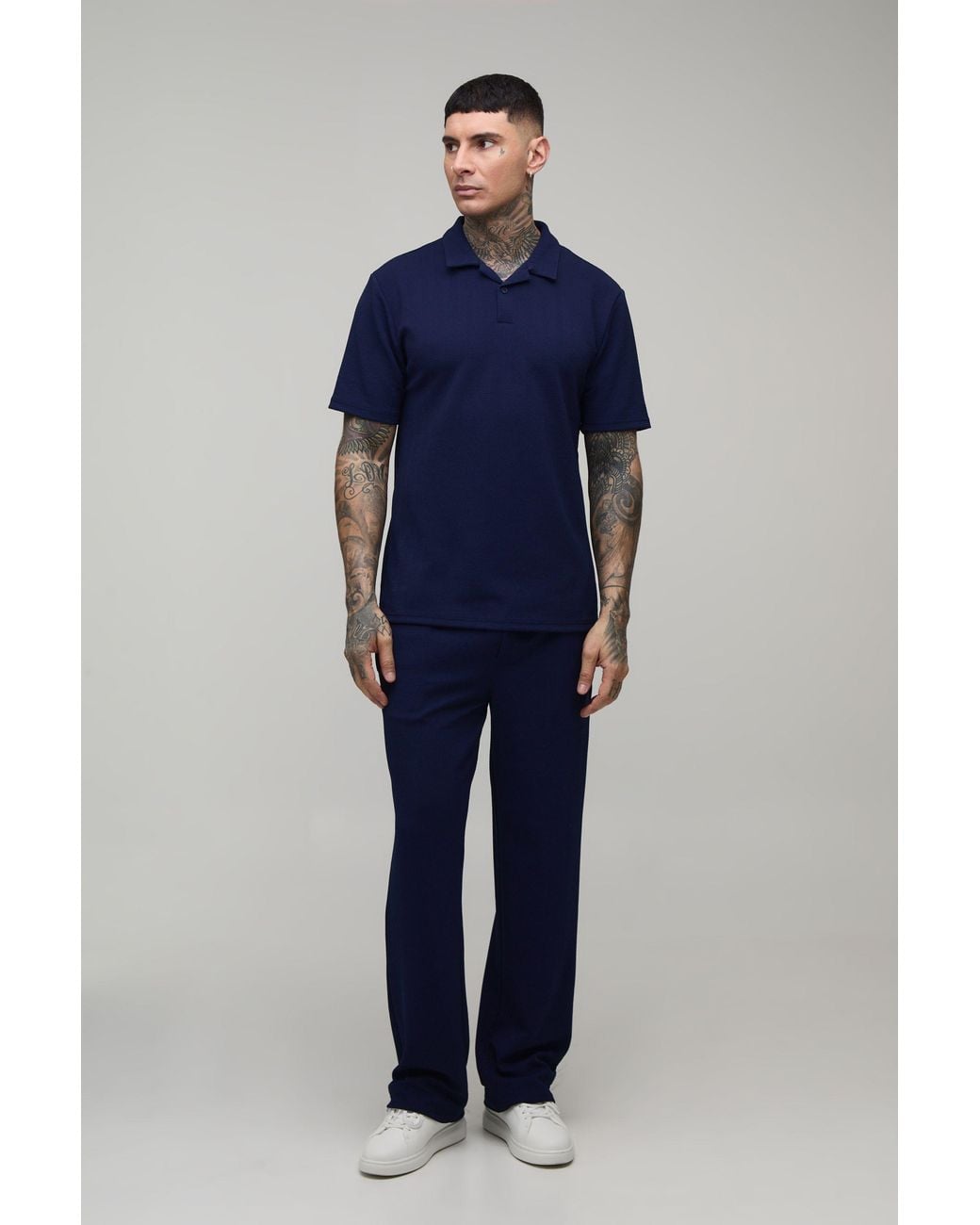 BoohooMAN Blue Tall Short Sleeve Jersey Herringbone Polo Shirt & Tapered Trouser Set for men