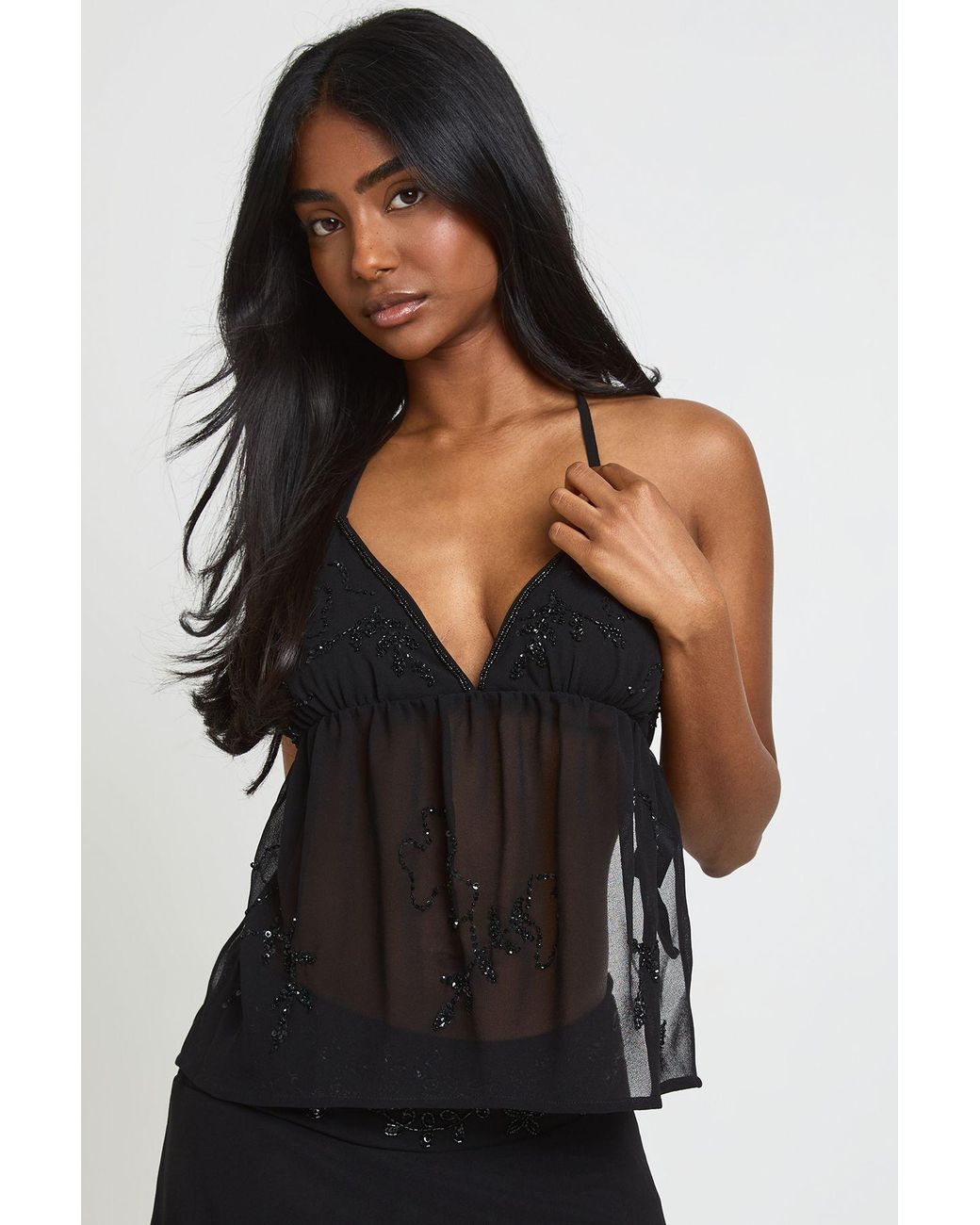 Boohoo Black Beaded Sequin Floaty Cami