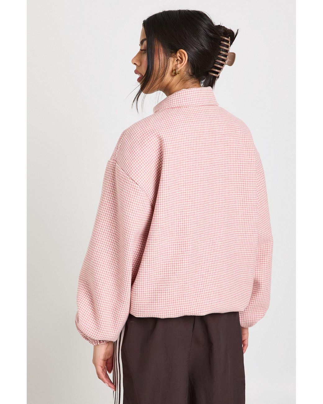 Boohoo Pink Houndstooth Print Wool Look Bomber Jacket