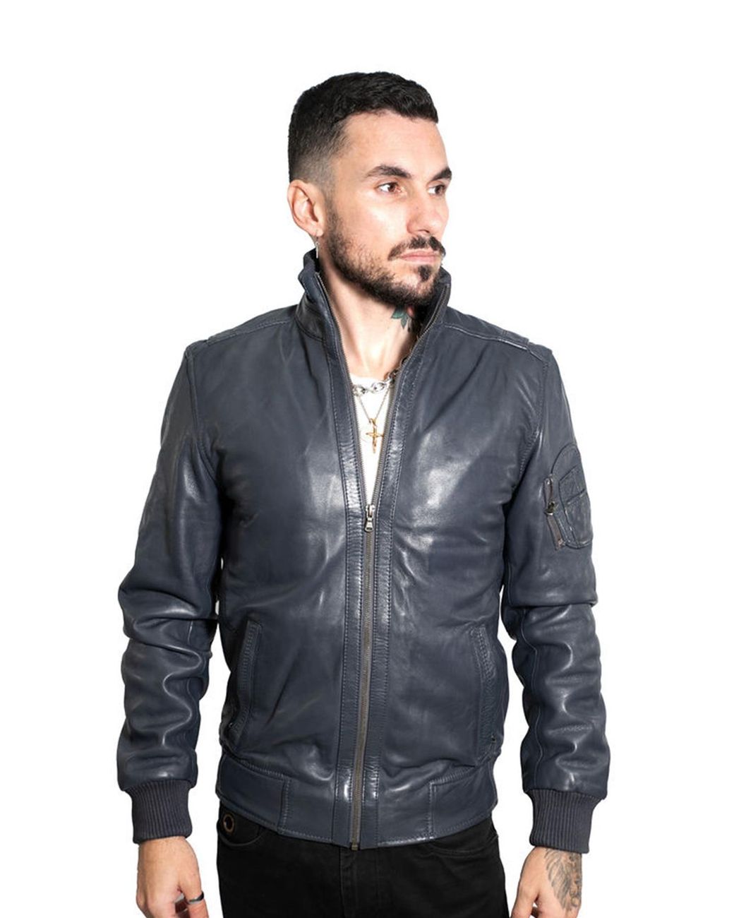 Infinity Leather Blue Varsity Bomber Jacket-Adana for men