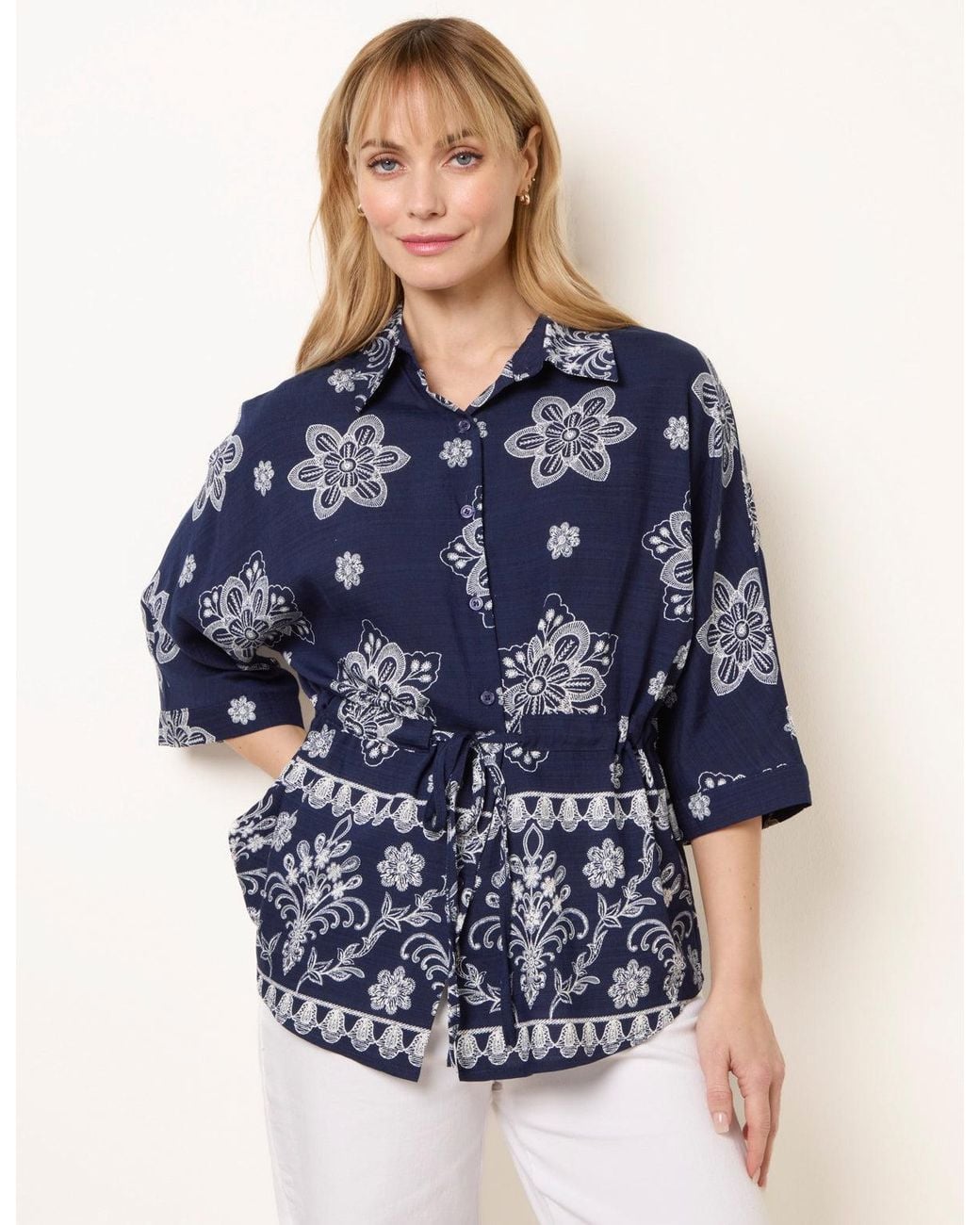 Blue Vanilla Blue Floral 3/4 Sleeve Tie Waist Shirt