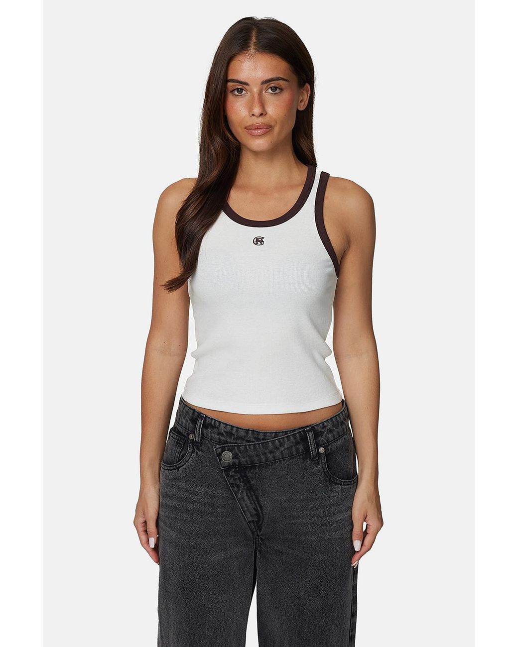 Good For Nothing White Monogram Contrast Ribbed Vest Top