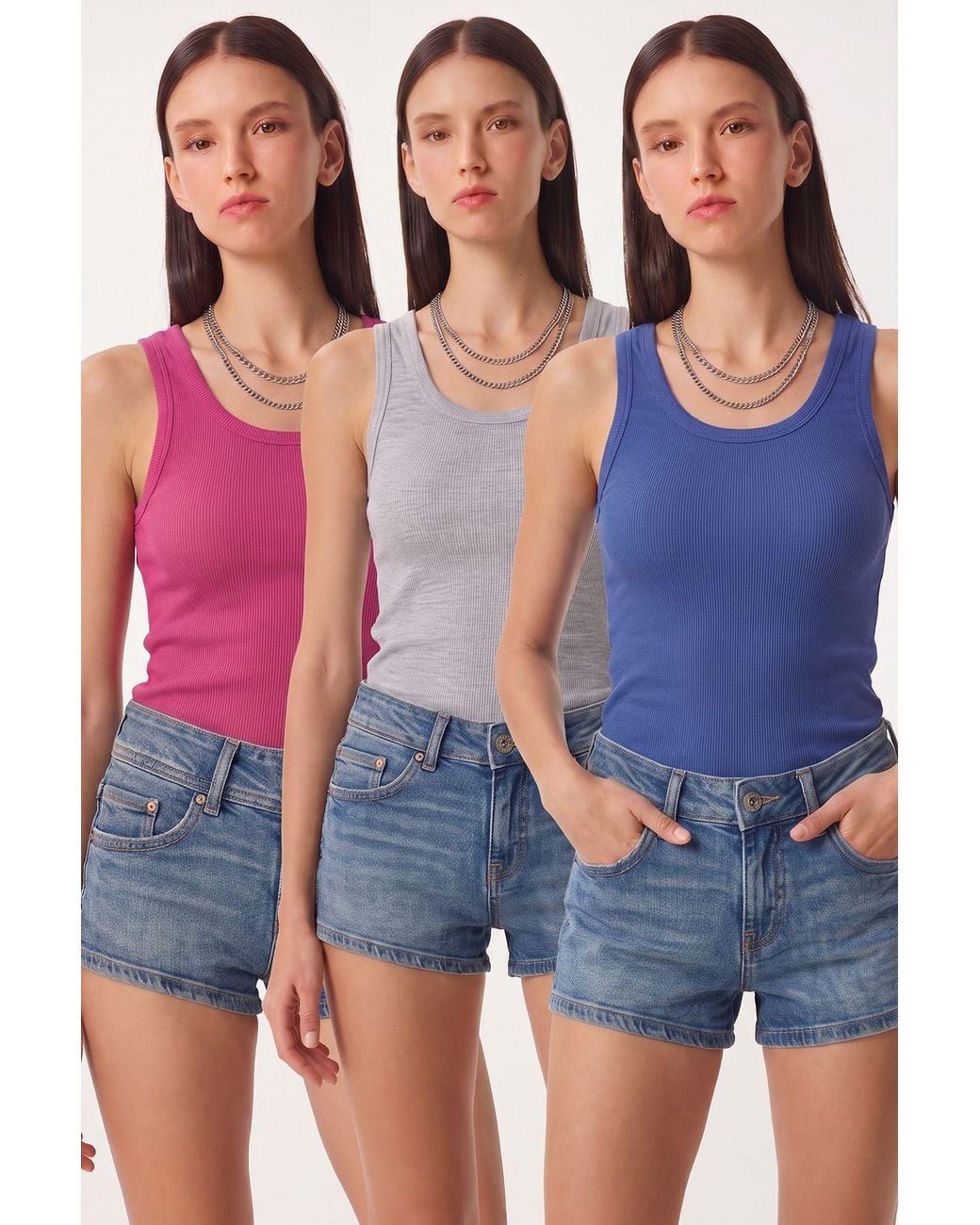 Happiness İstanbul Blue 3-Pack Ribbed Cotton Cami Tops