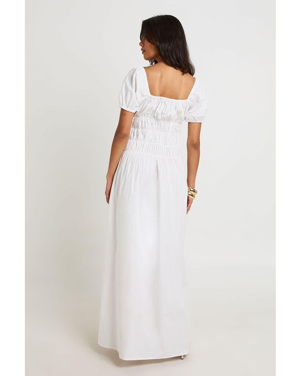 Boohoo White Cotton Poplin Shirred Bodice Puff Sleeve Maxi Dress