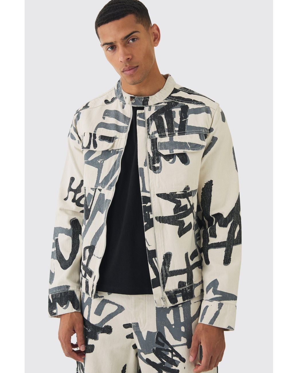 BoohooMAN Gray Slim Boxy Denim Graffiti Laser Print Biker Jacket for men