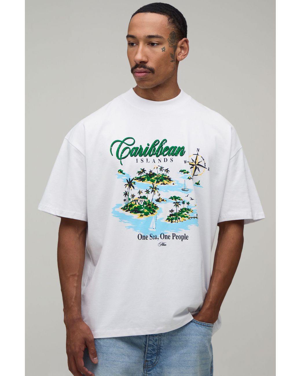 BoohooMAN Blue Oversized Caribbean Print T-Shirt Cotton for men