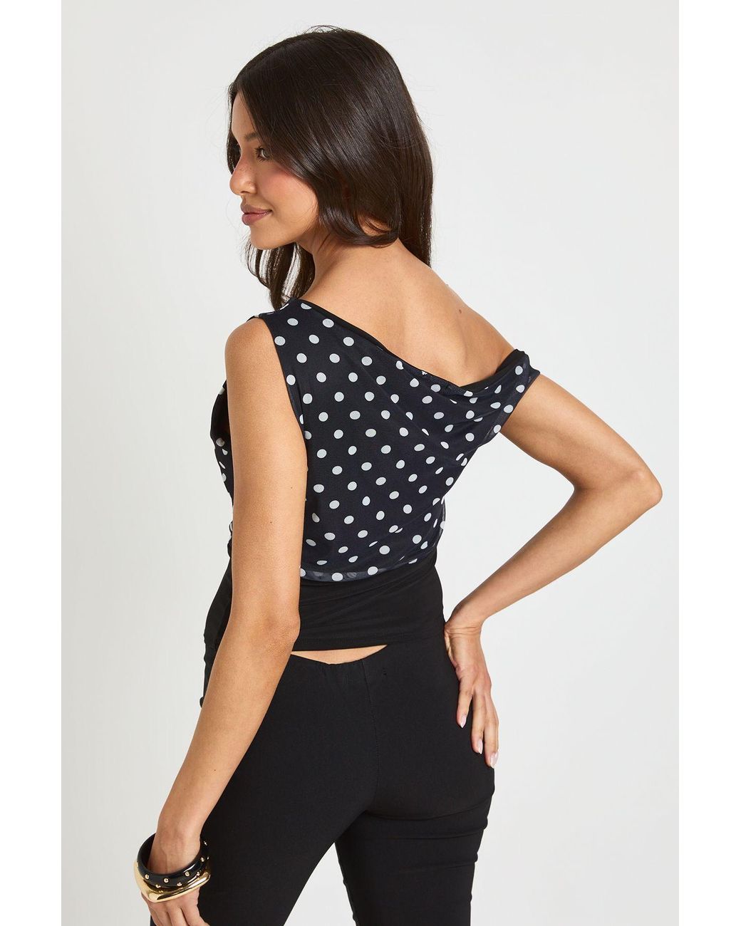 Boohoo Black Mesh Off Shoulder Deep Waistband Polka Dot Top