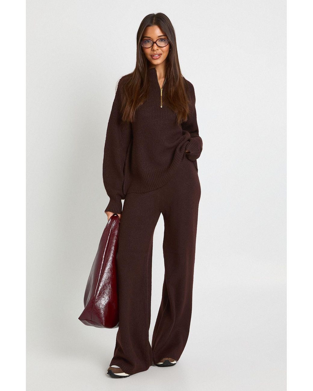 Boohoo Brown Super Soft Zip Neck Oversized Jumper And Wide Leg Trouser Co-Ord