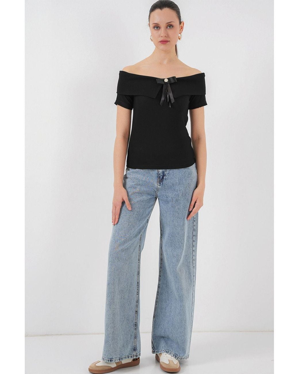 Bigdart Black Boat Neck Ribbed Blouse With Bow