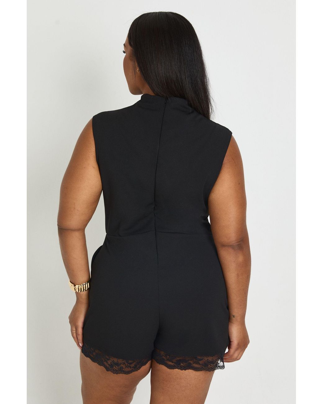 Boohoo Black Plus High Neck Lace Trim Tailored Playsuit