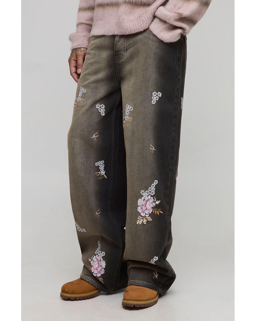 BoohooMAN Black Tall Baggy Rigid Floral Embroidered Jeans for men