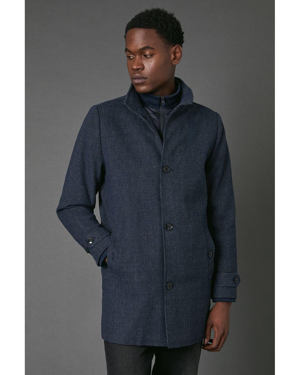 MAINE Blue Wool Blend Funnel Neck Coat With Insert for men