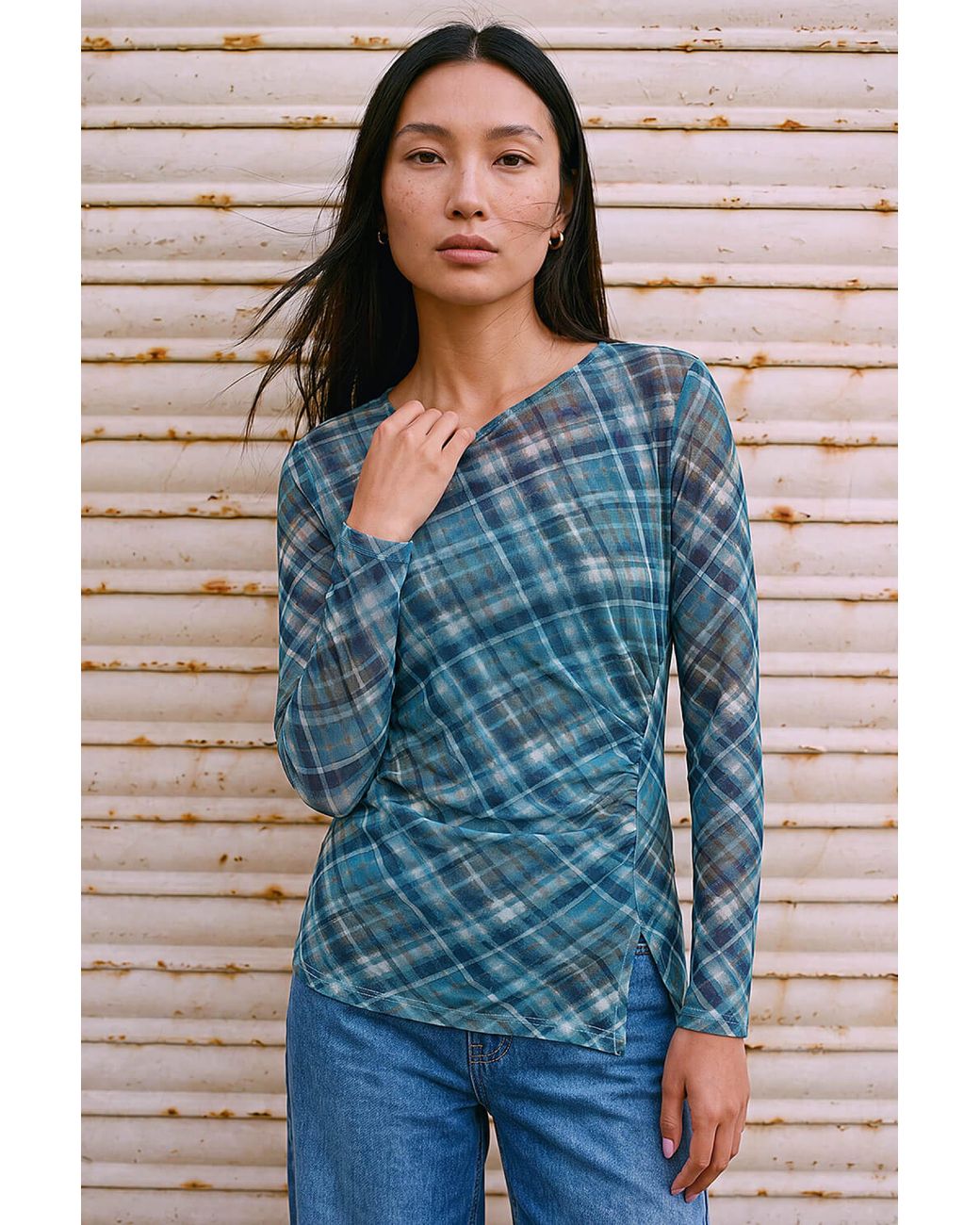 Roman Blue Check Mesh Print Gathered Top