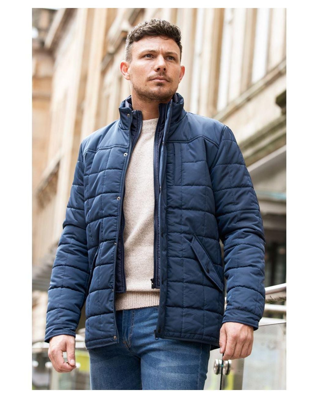 Kensington Eastside Blue Square Padded Funnel Neck Jacket for men