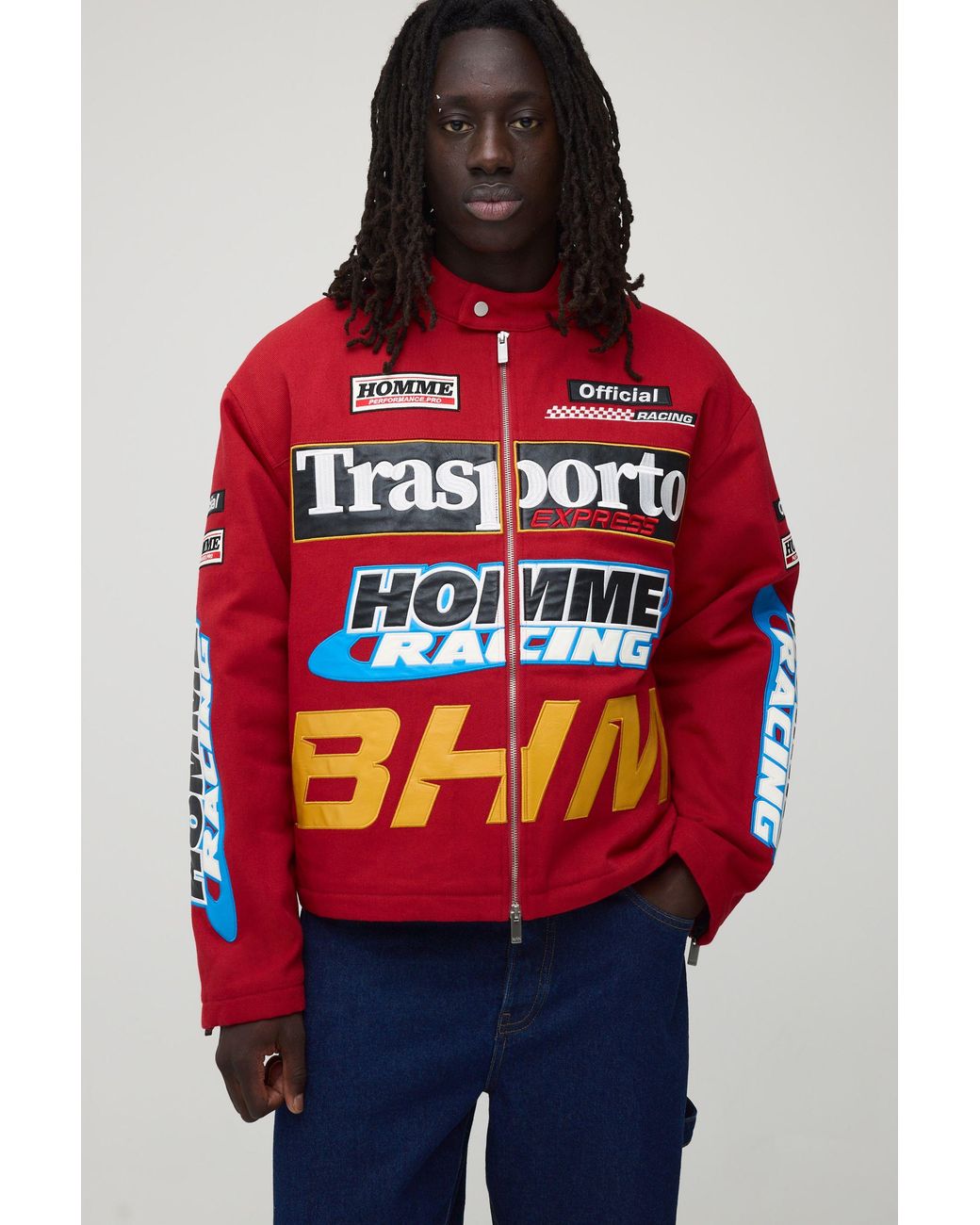 BoohooMAN Red Boxy Fit Twill Applique Moto Jacket for men