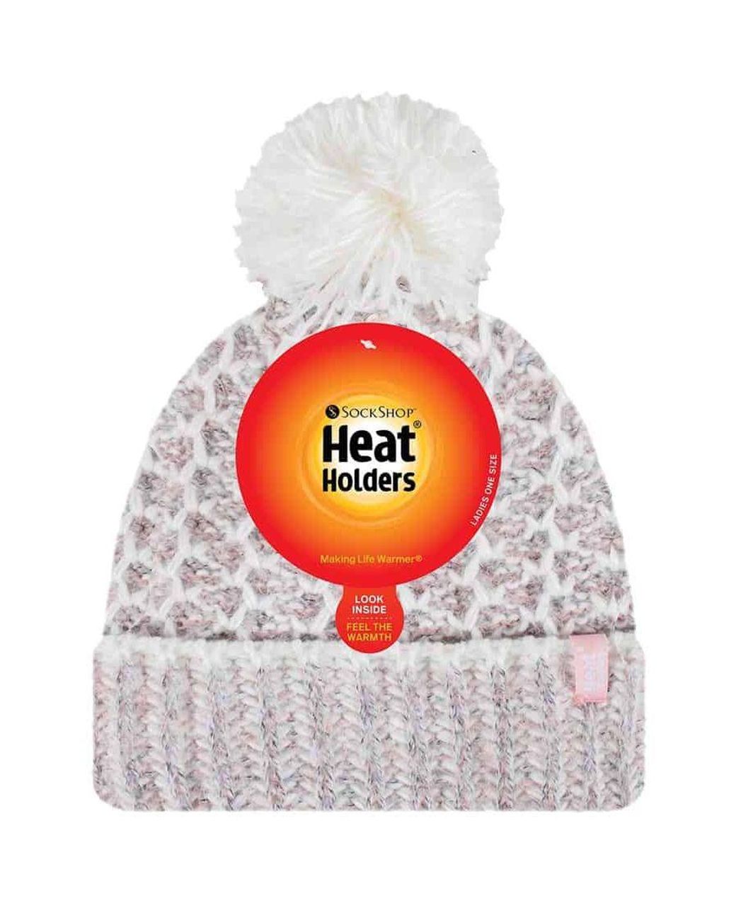 Heat Holders White Ladies Fleece Lined Cuffed Thermal Winter Bobble Hat With Pom Pom