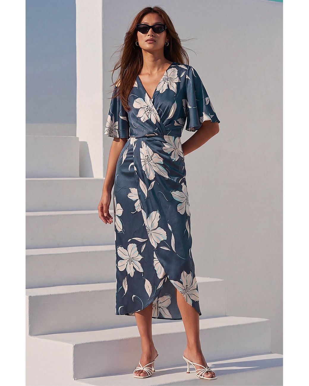 Roman Blue Floral Print Wrap Twist Dress