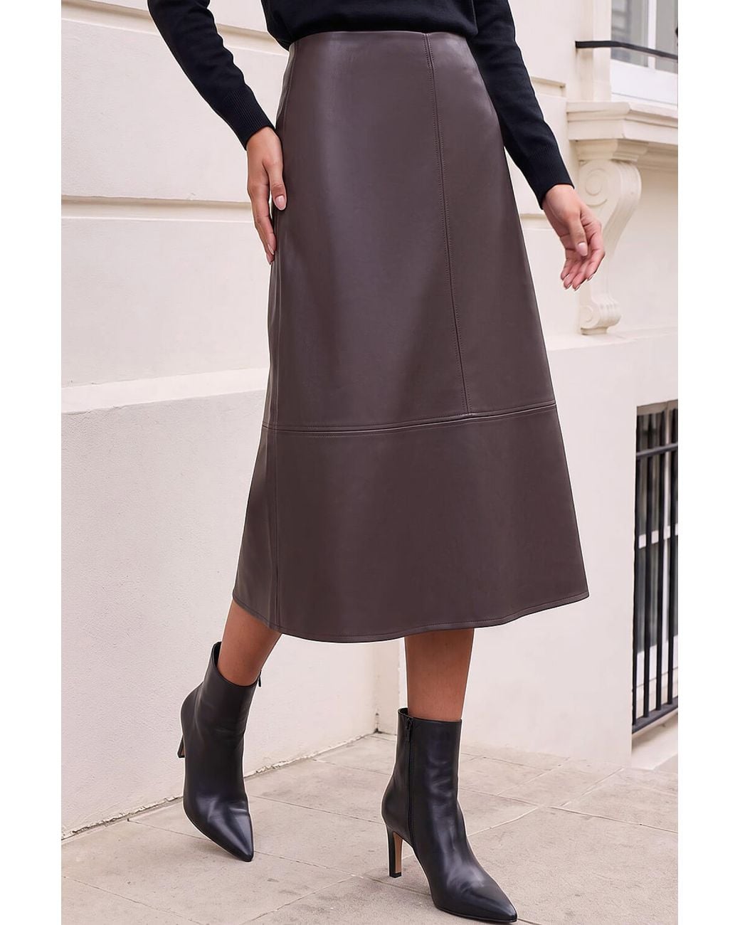 Roman Brown Petite A-Line Faux Leather Skirt