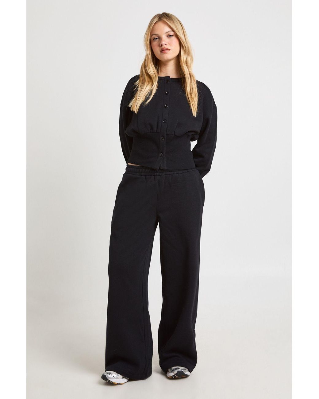 Boohoo Blue Petite Cinched Waist Button Through Sweatshirt Tracksuit