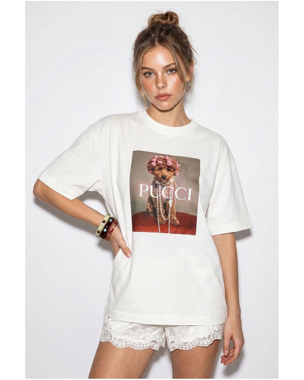 Bianco Lucci White Oversized Printed Cotton T-Shirt